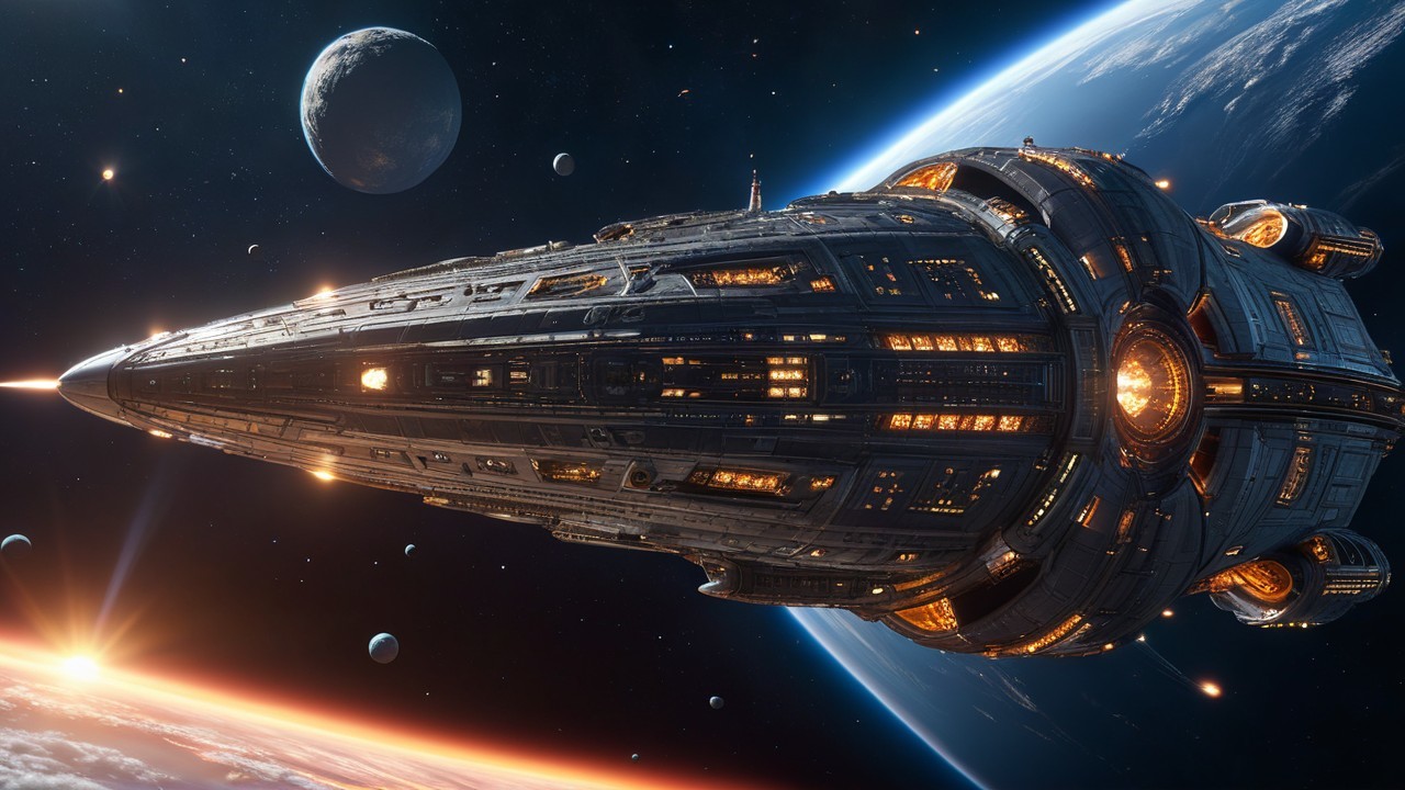 Futuristic spaceship soaring through a vibrant cosmos