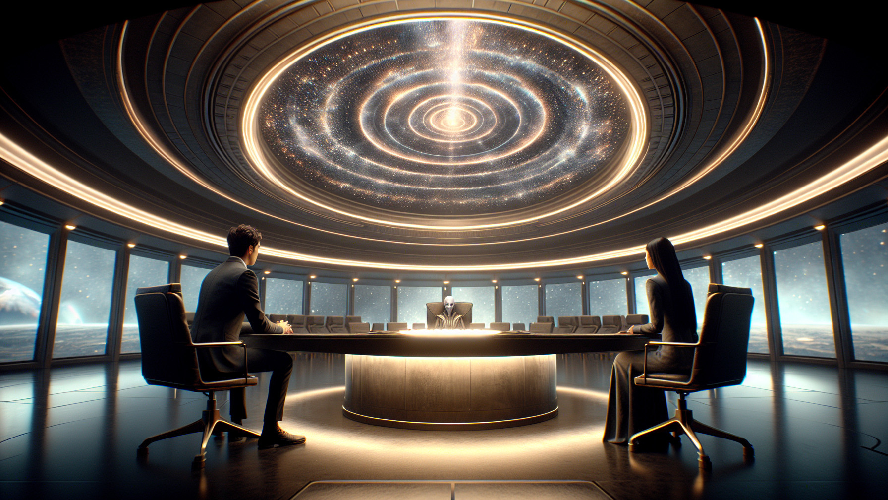 Futuristic Boardroom with Cosmic Ceiling and High-Tech Design