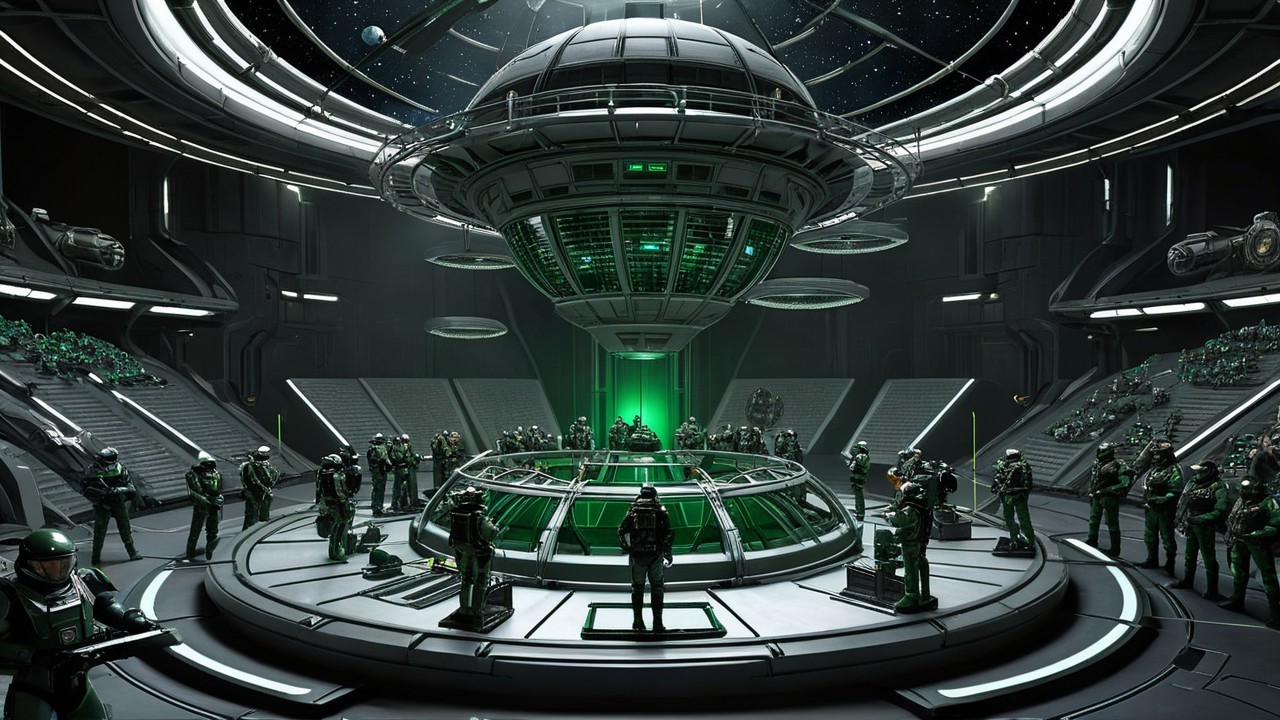 Futuristic command center with green lights and machinery