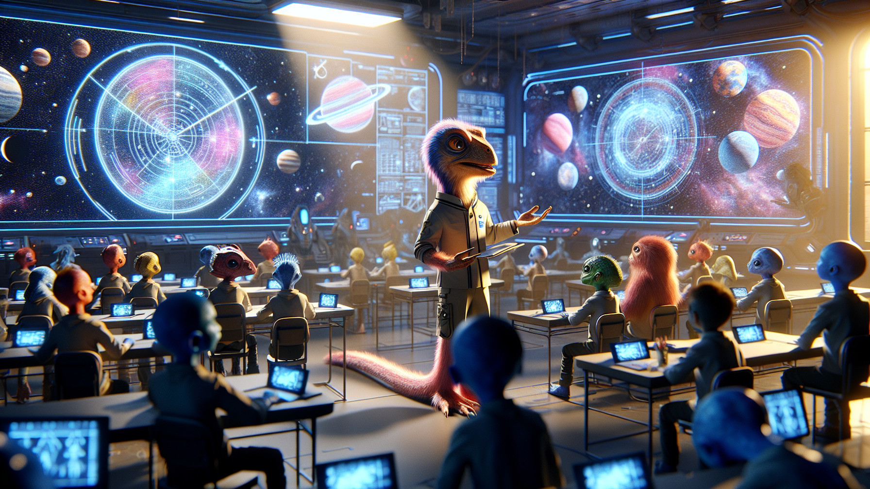 Futuristic Classroom with Lizard Teacher and Students