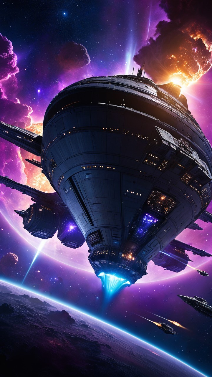 Futuristic spaceship in vibrant cosmic landscape