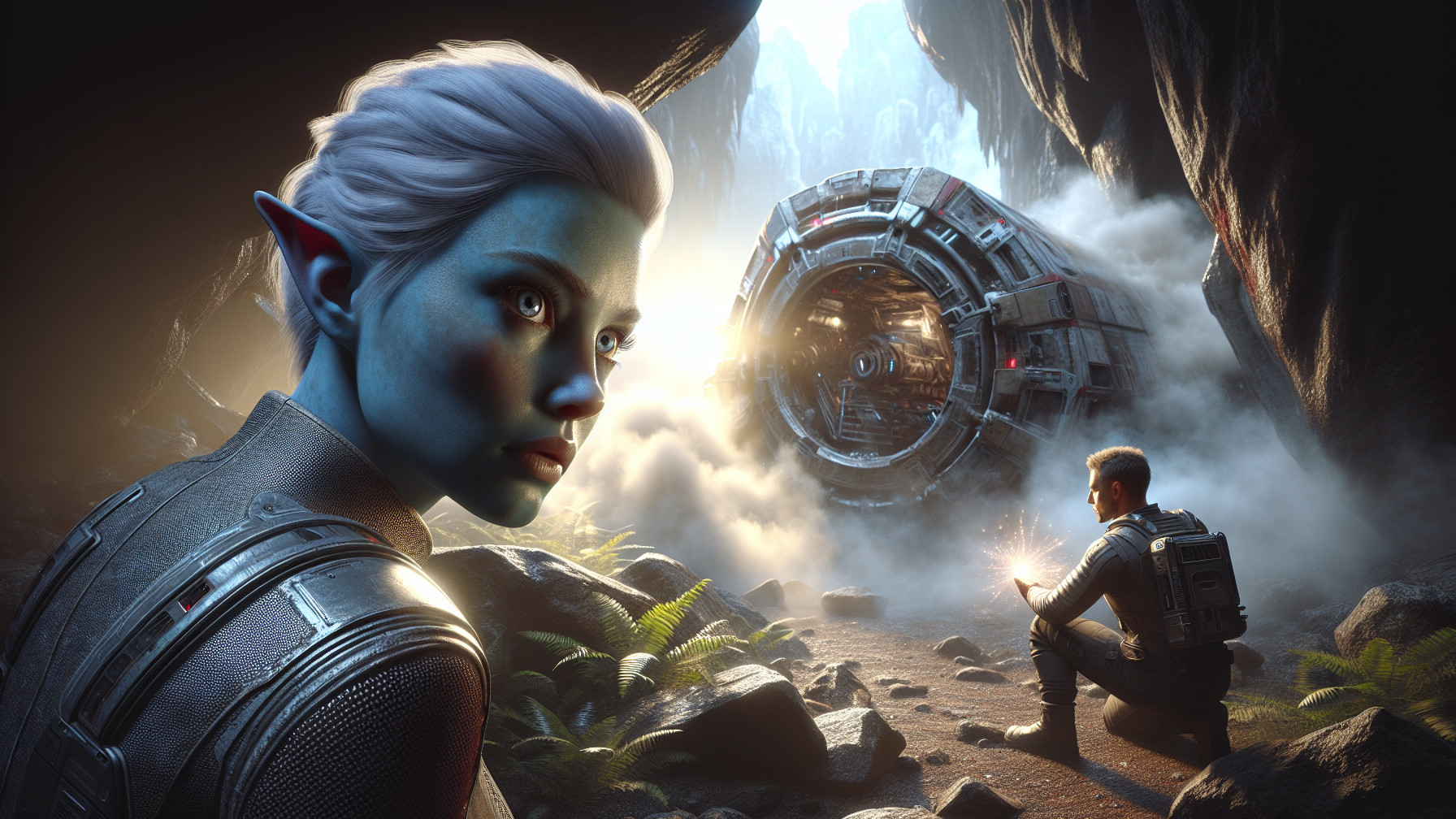 Blue-Skinned Alien in Cave with Futuristic Spaceship