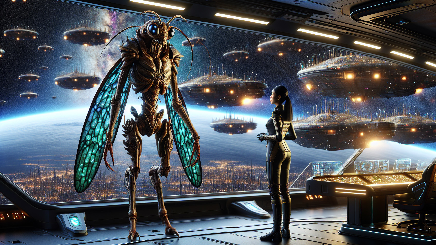 Futuristic spacecraft scene with humanoid alien and astronaut