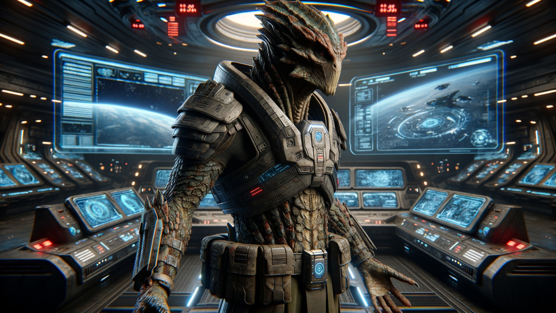 Humanoid Reptilian in Futuristic Command Center