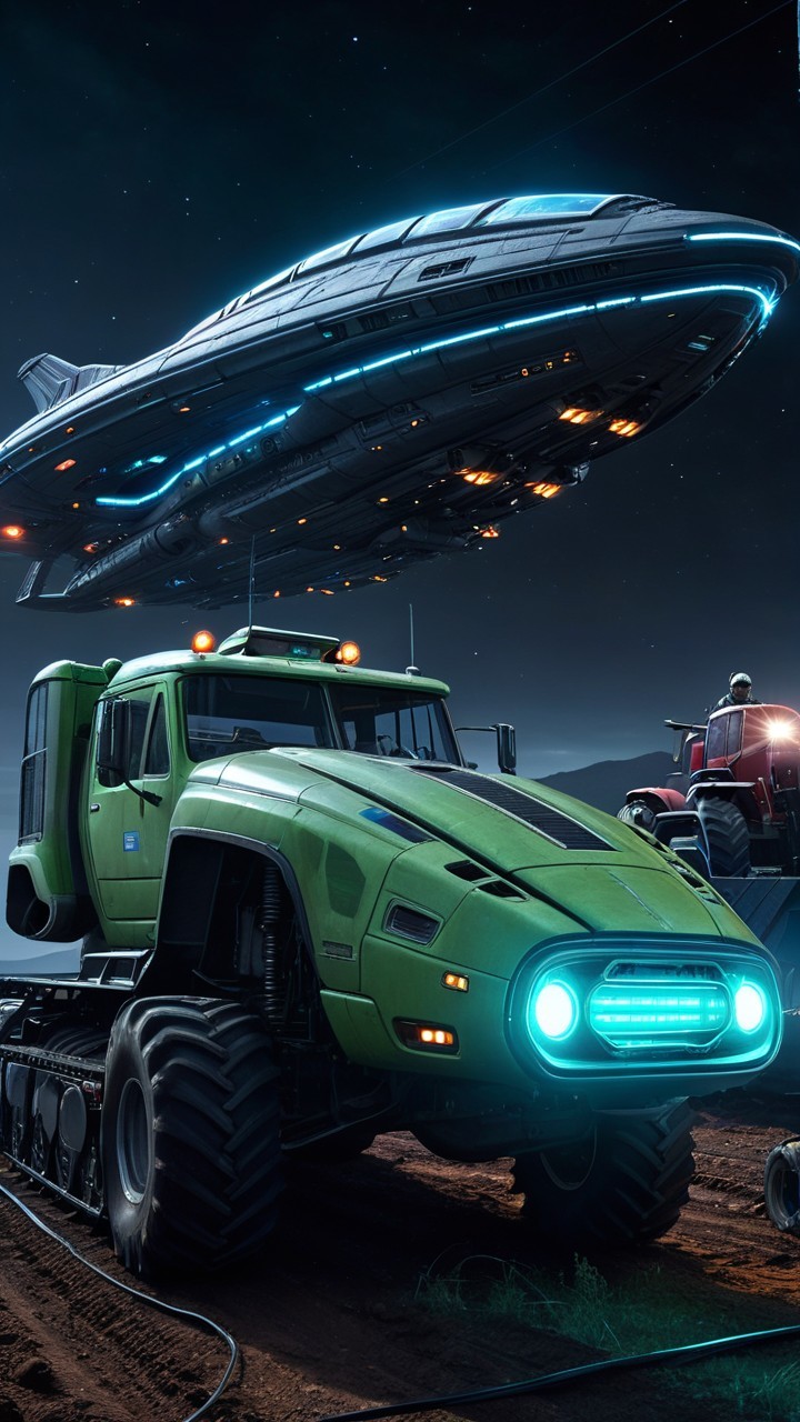 Futuristic Truck and Hovering Spaceship in Night Scene