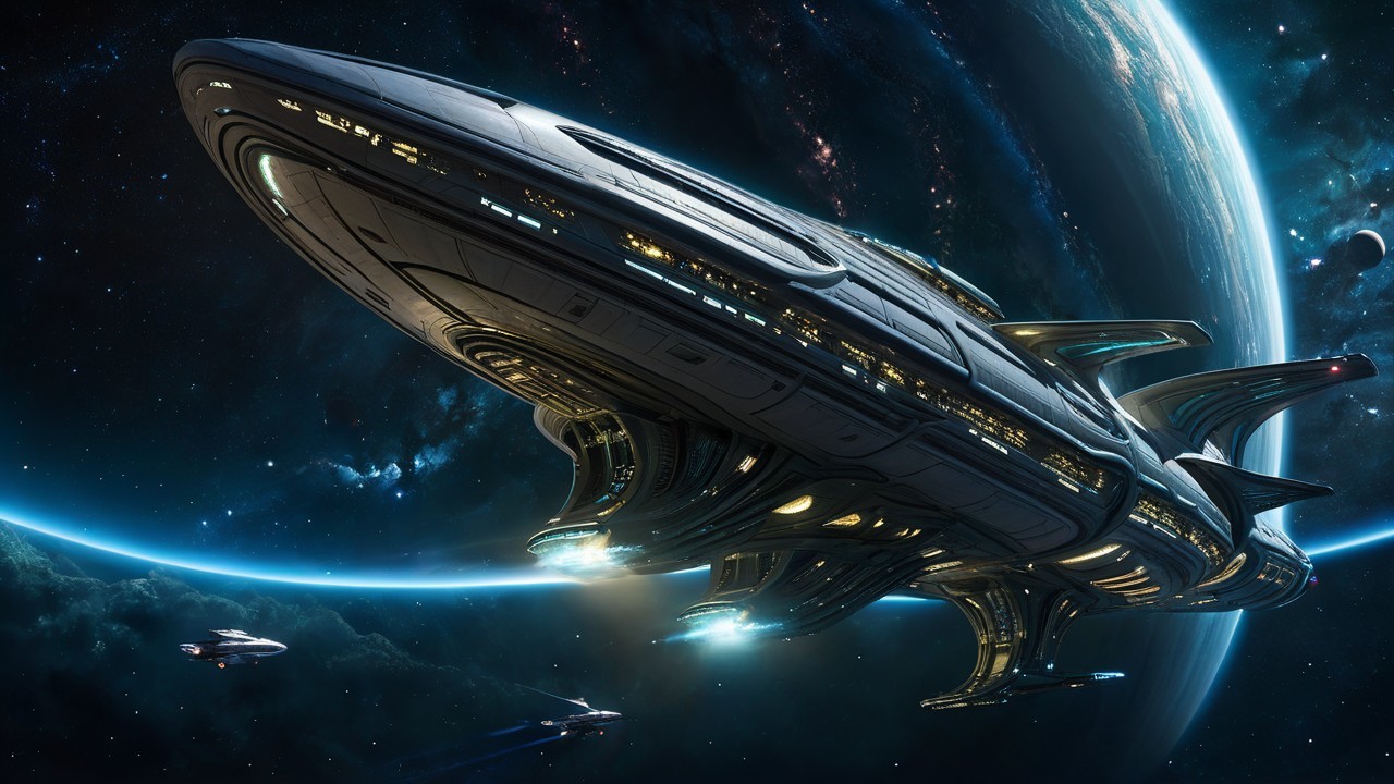 Futuristic Spaceship in Cosmic Exploration Scene