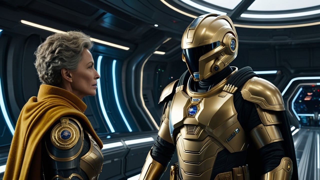 Futuristic Spaceship Interior with Dramatic Encounter