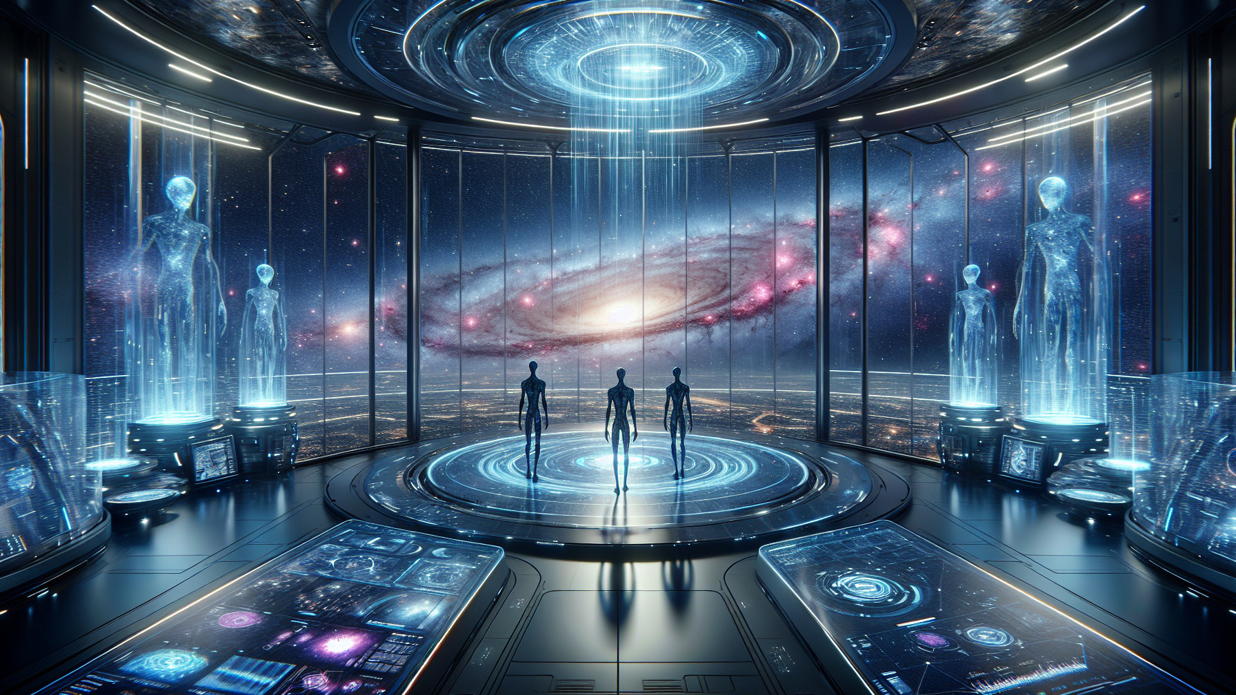Futuristic spacecraft with humanoid figures and galaxy view