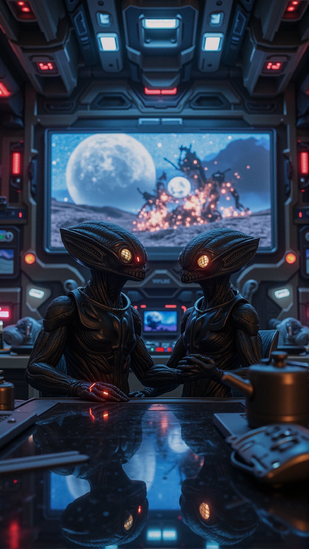 Futuristic Control Room with Alien Figures and Technology