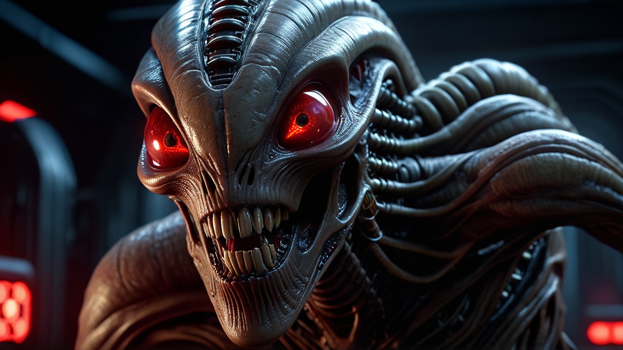 Humanoid alien creature with metallic skin and red eyes