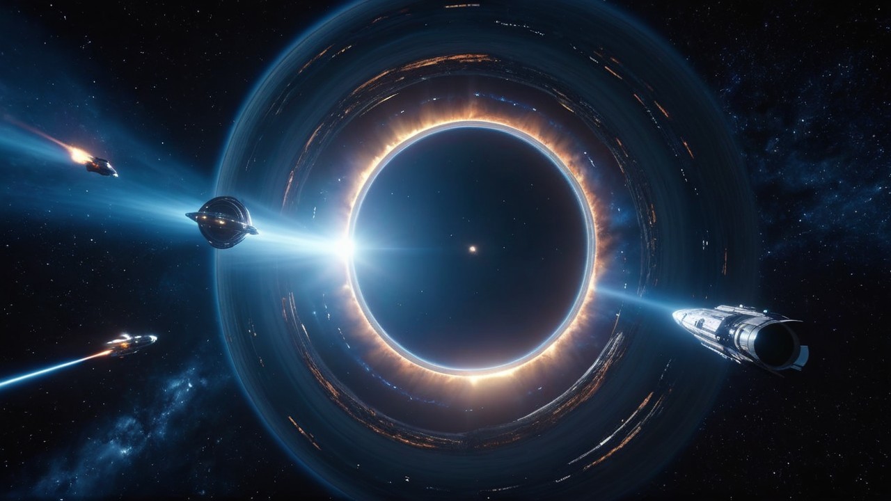 Cosmic Scene with Black Hole and Spacecraft Exploration