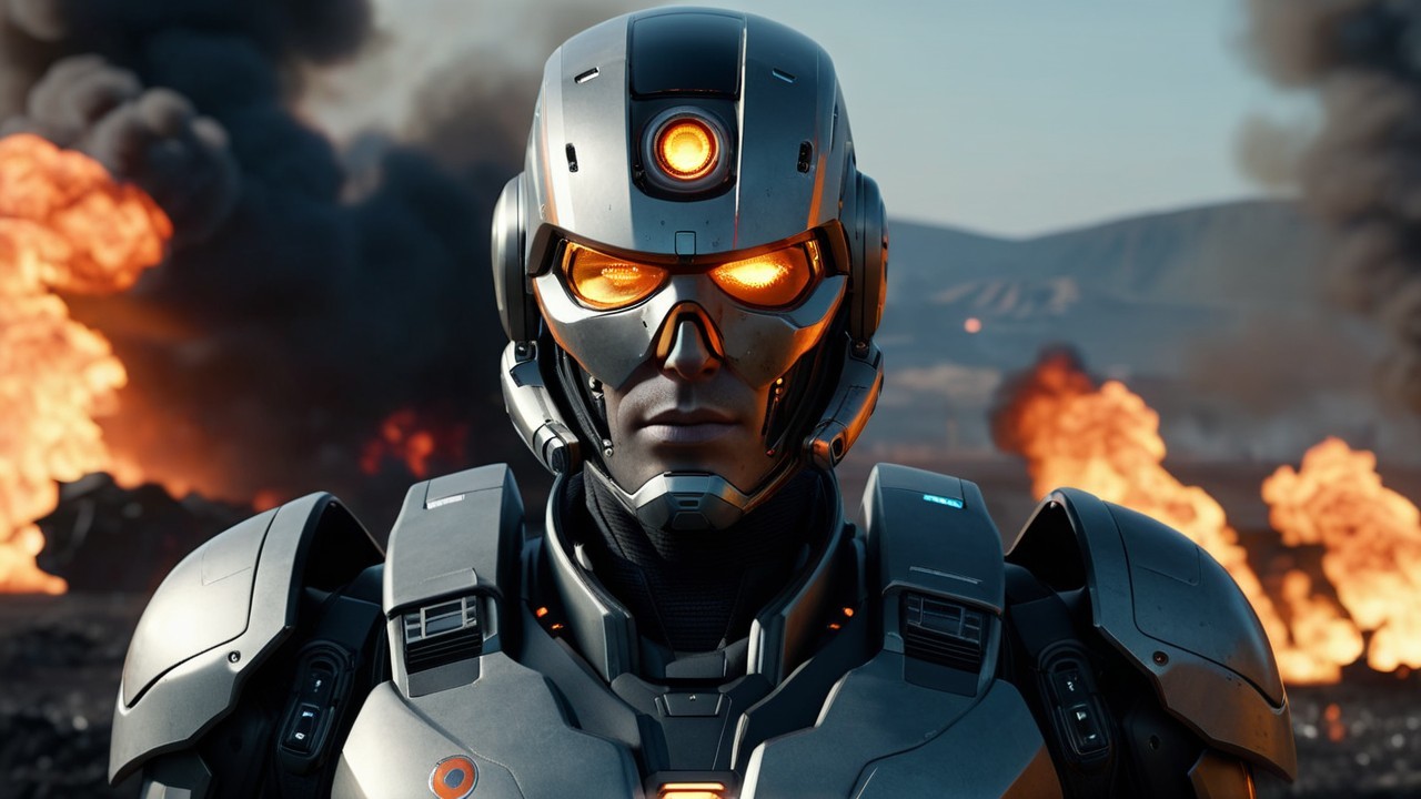 Futuristic Armored Robot in Post-Apocalyptic Setting