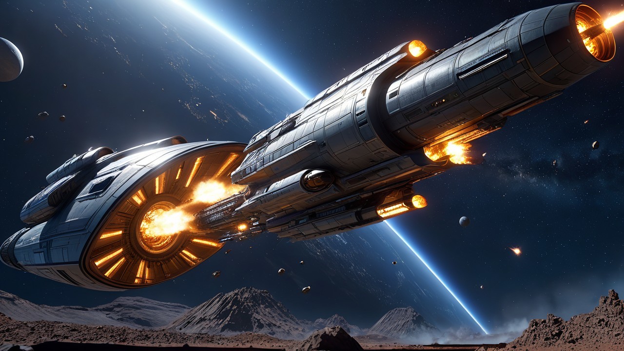 Futuristic spaceship navigating through cosmic scenery