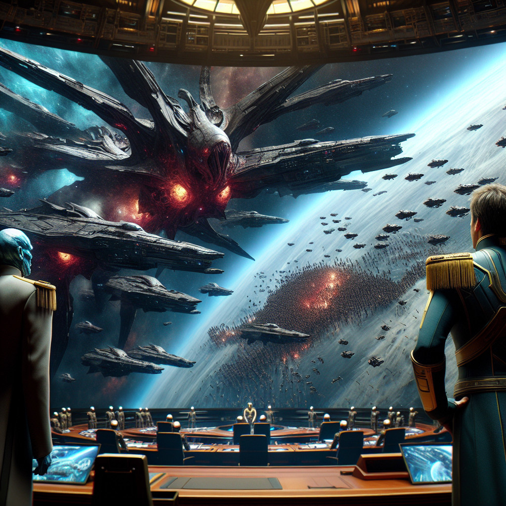 Futuristic Command Room with Space Battle Display