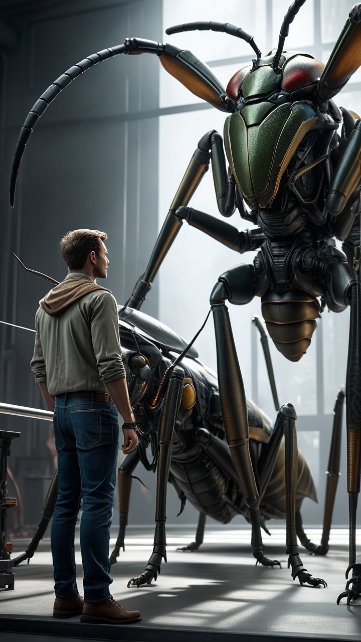 Man in industrial setting with giant robotic insect