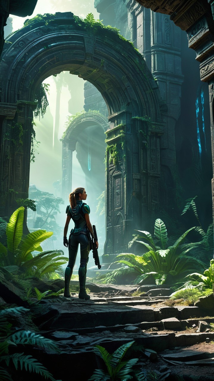 Warrior in Futuristic Armor Among Ancient Jungle Ruins