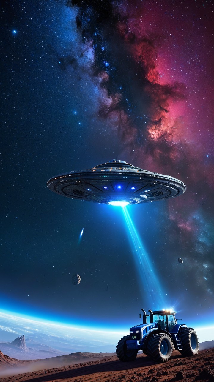 Futuristic Tractor Under Alien Spaceship in Cosmic Scene
