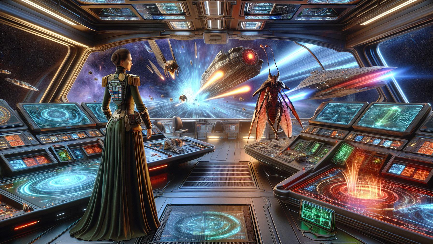 Futuristic Spaceship Bridge During Space Battle Scene