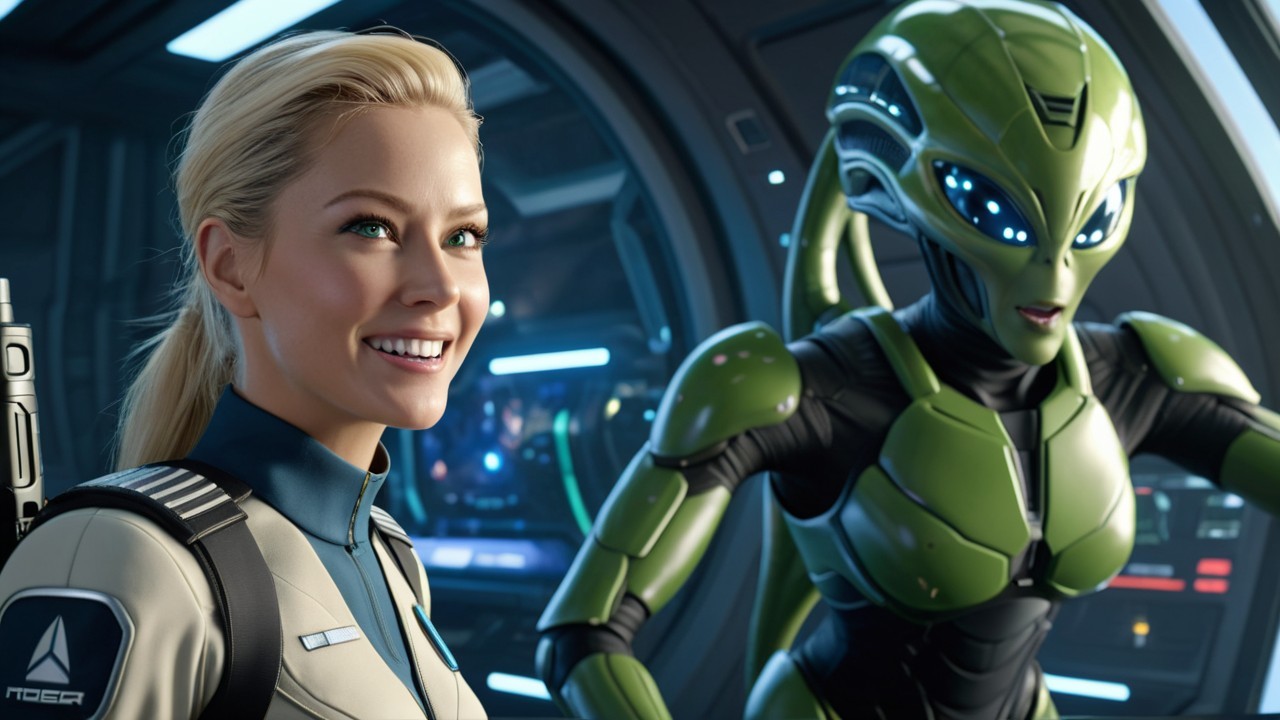 Futuristic Spaceship Interior with Human and Alien Characters