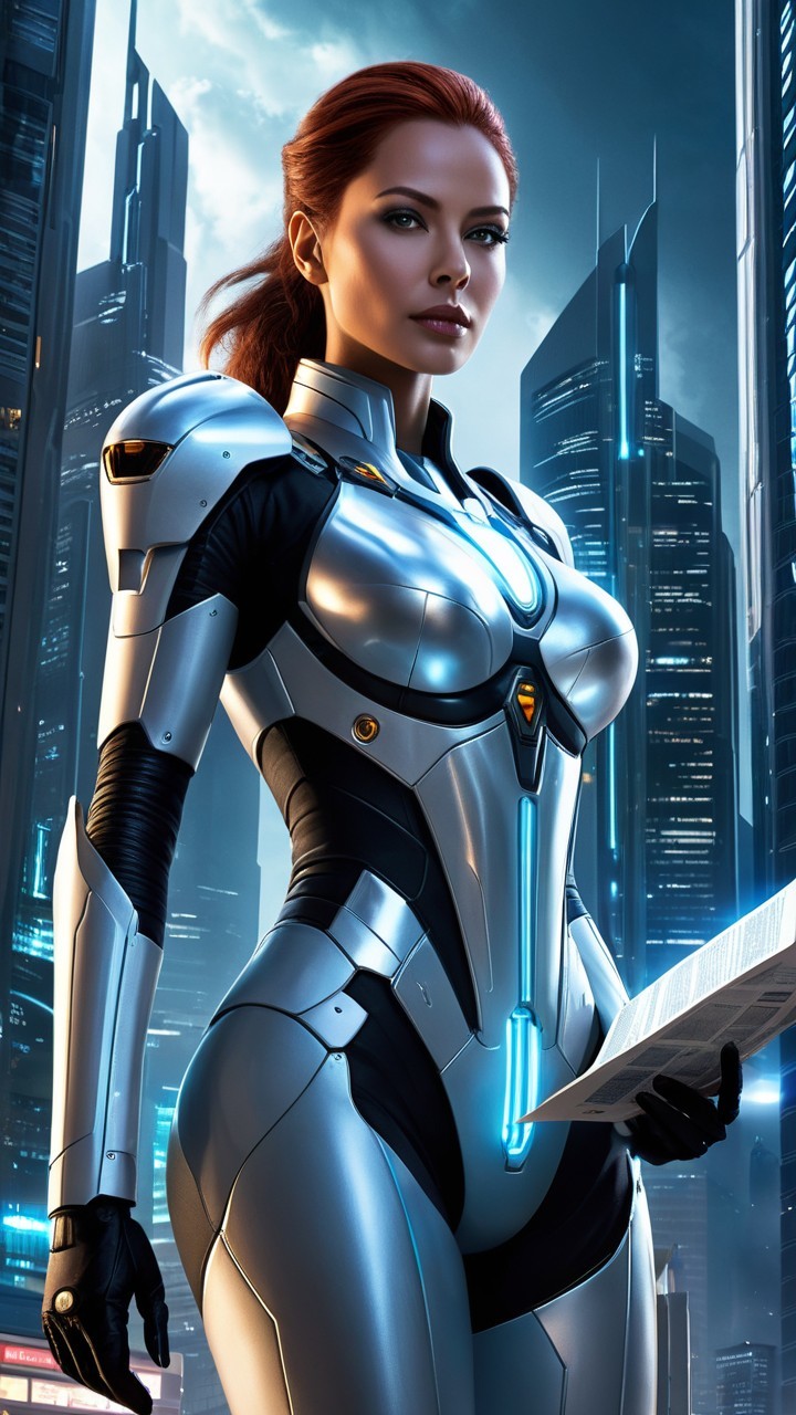 Futuristic Female Figure in Silver Suit with Skyscrapers