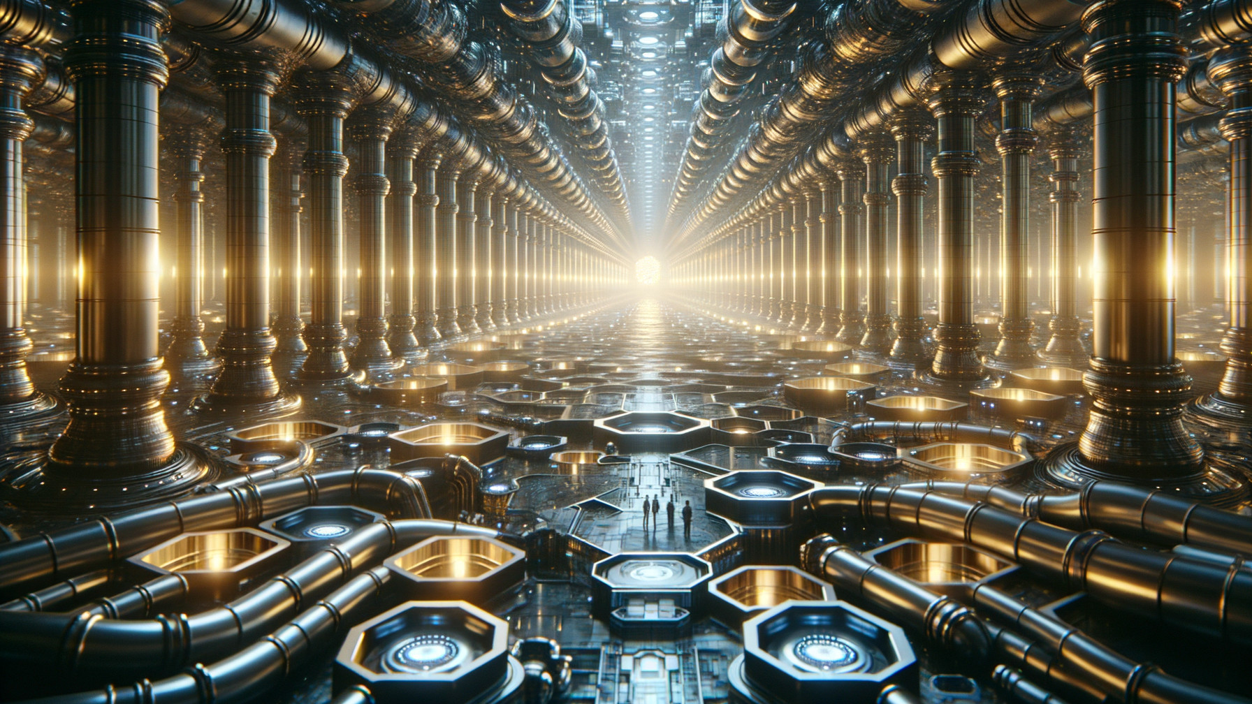 Futuristic corridor with metallic columns and glowing accents