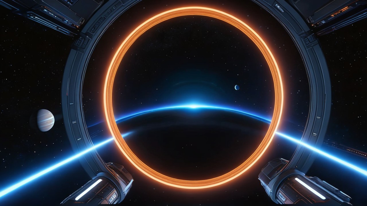 Futuristic Spacecraft View with Orange Ring and Planets