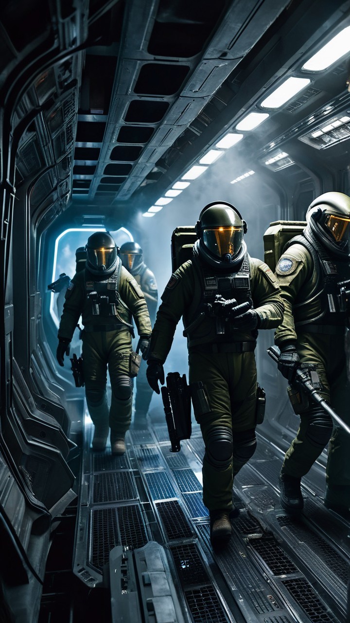 Astronauts in Futuristic Suits in Dimly Lit Corridor