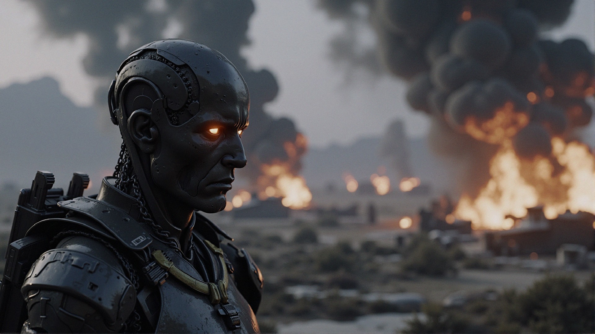 Futuristic Robot in Dystopian Chaos and Explosions