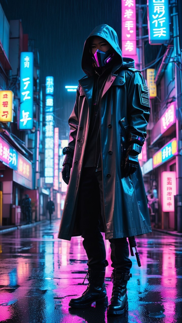 Cyberpunk Figure in Neon-Lit Urban Landscape