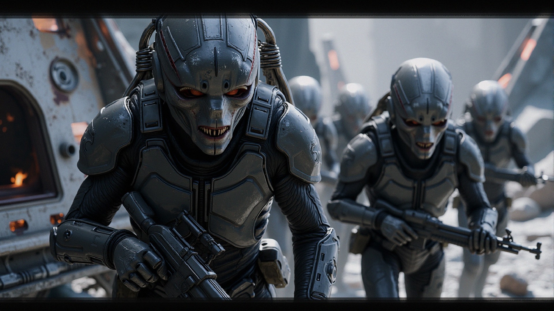 Futuristic soldiers in armored suits in a war-torn landscape