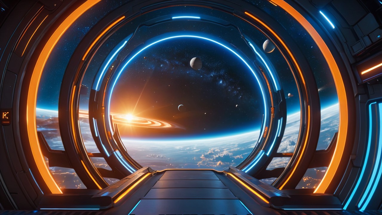 Futuristic Observation Deck with Earth-like Planet View