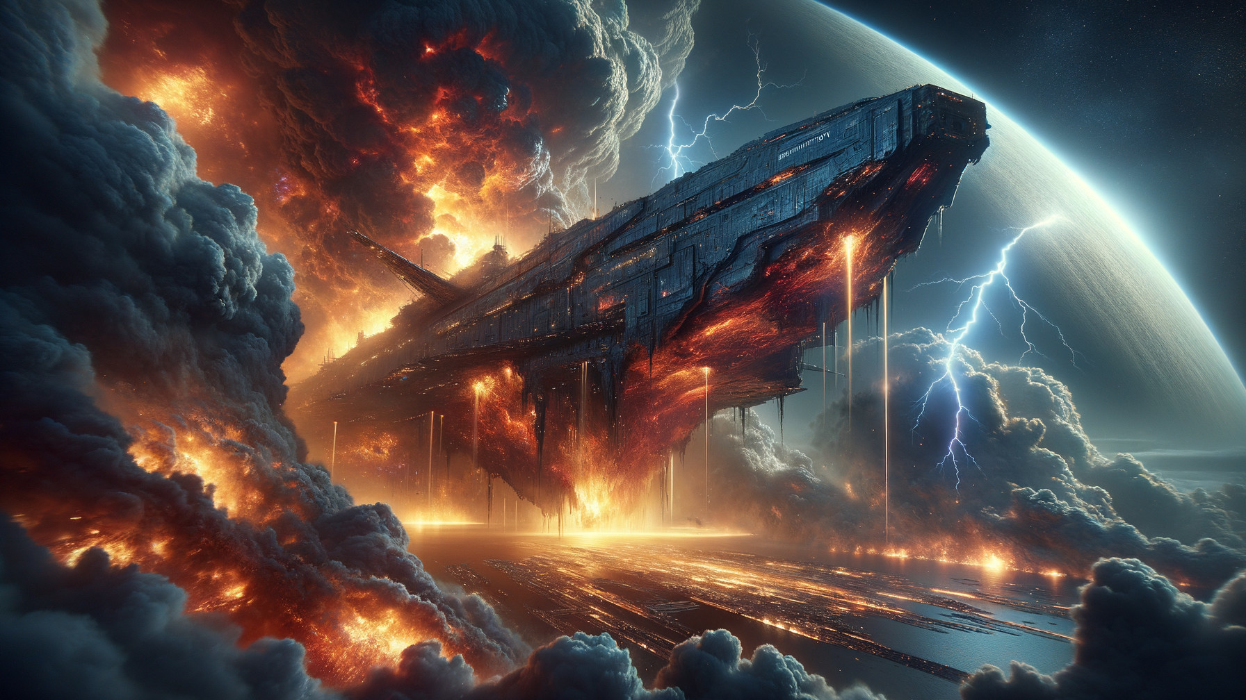 Colossal spacecraft amidst fiery clouds and distant planet