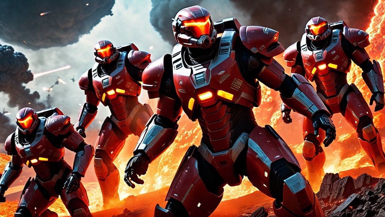Armored Warriors in Red Suits Amid Explosions