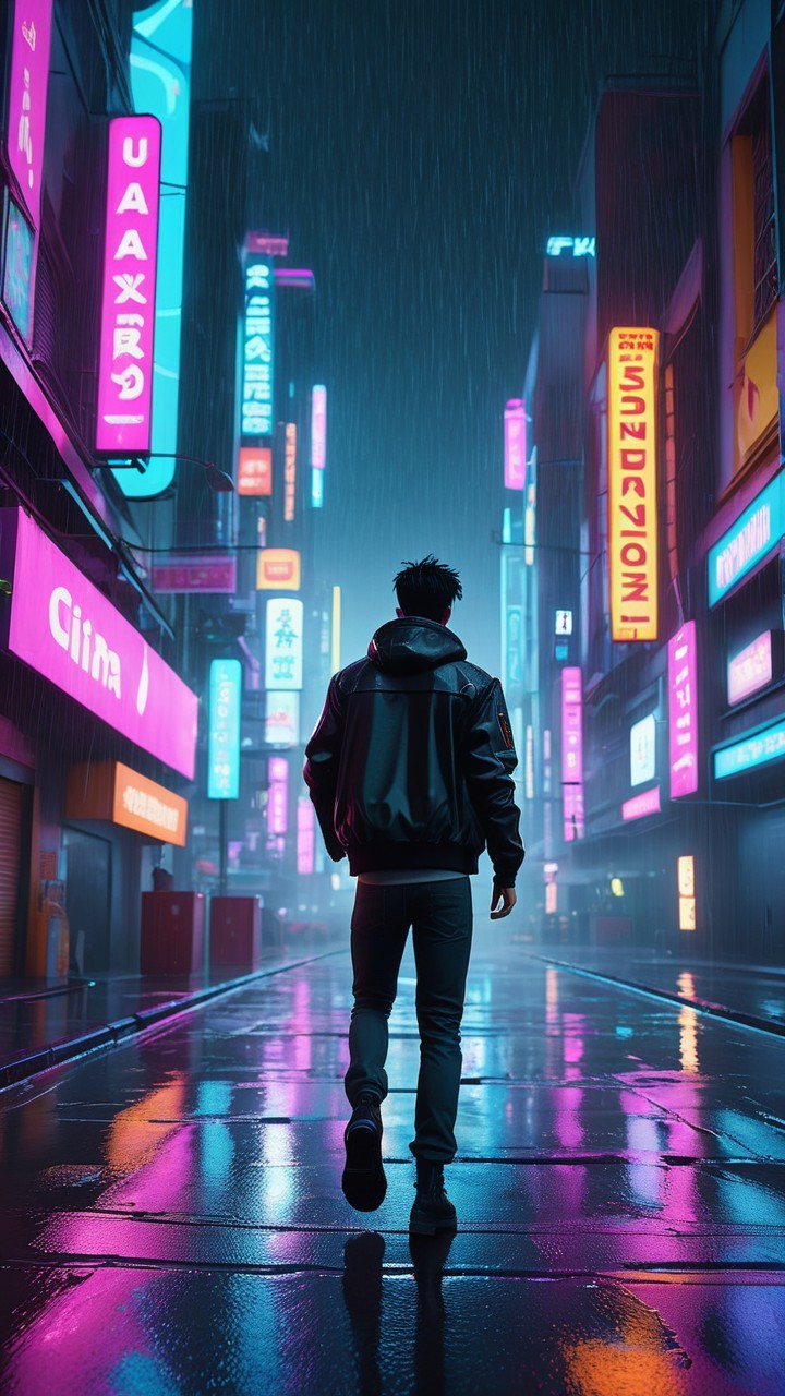 Neon-Lit Urban Street Scene in Rainy Atmosphere