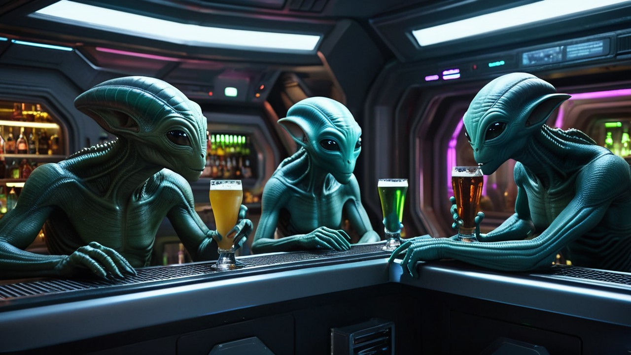 Futuristic Bar with Green-Skinned Aliens and Drinks