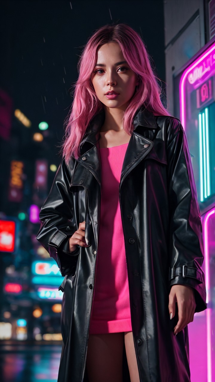 Young woman in neon-lit urban setting with pink hair