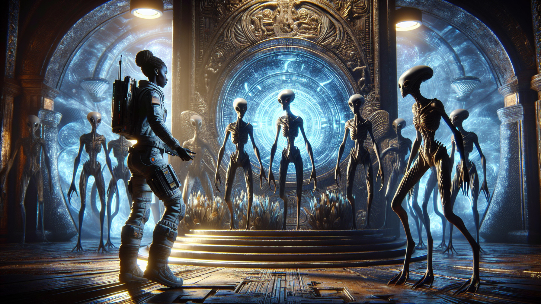 Astronaut Encounters Alien Figures in Futuristic Setting