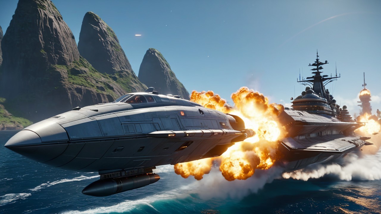 Futuristic spaceship in vibrant ocean with explosions