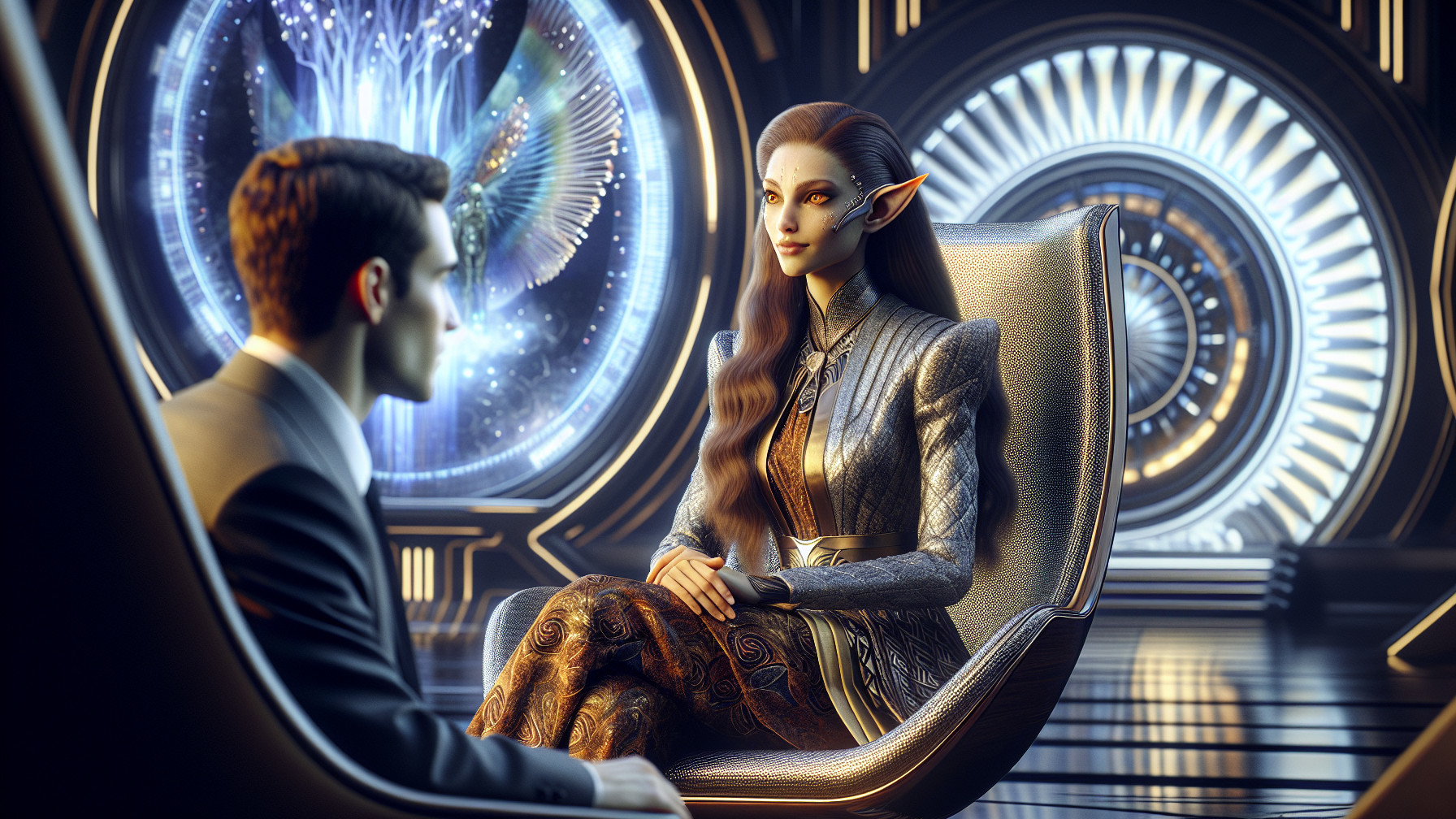 Futuristic Scene with Elf-like Figure and Technology