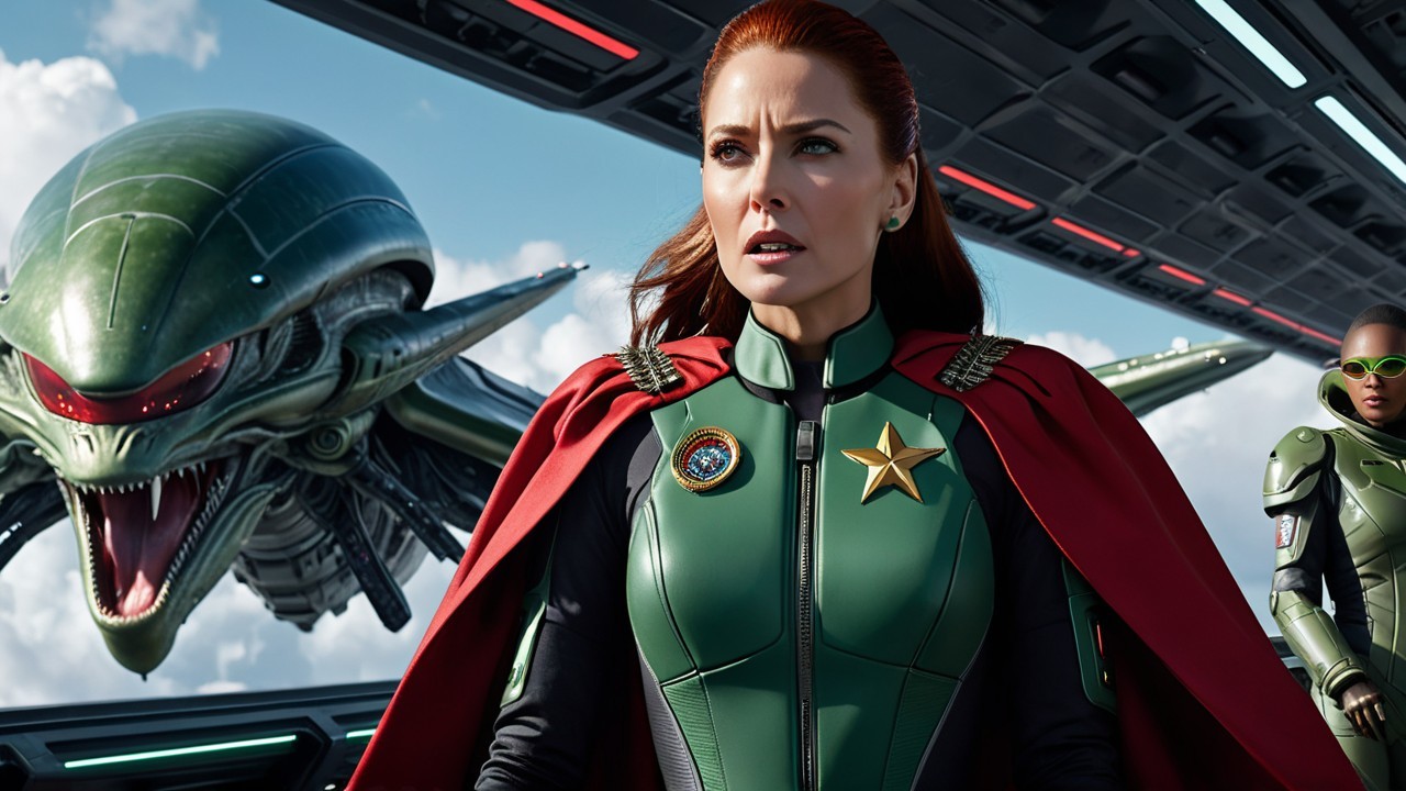 Fierce Woman in Green Suit with Menacing Alien Creature