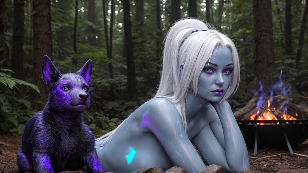 Serene forest scene with blue-skinned figure and wolf