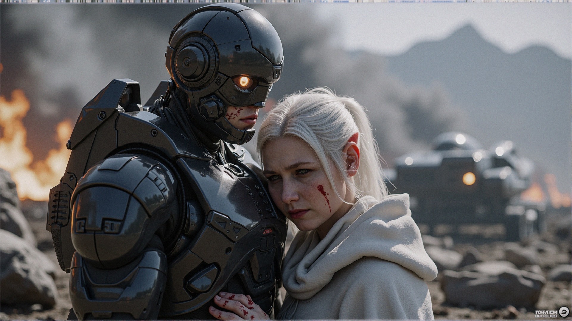 Futuristic Robot and Woman in Chaotic Landscape
