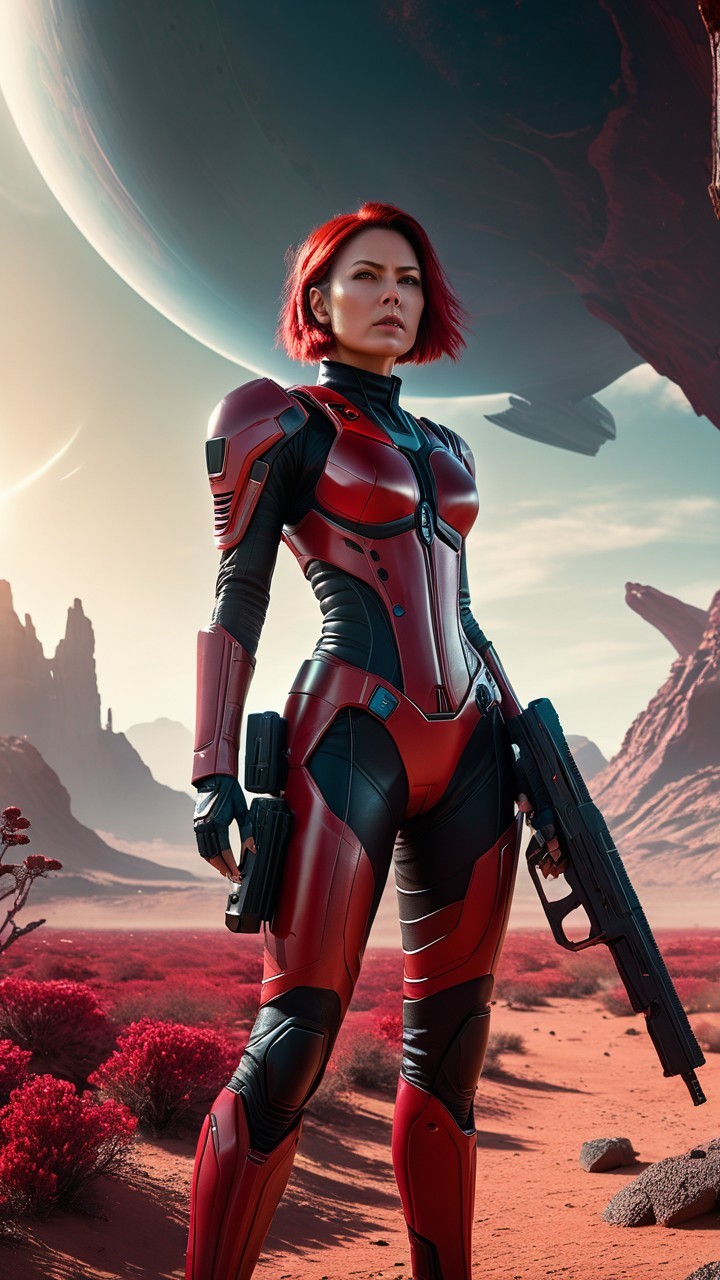 Futuristic Female Warrior in Alien Landscape with Guns