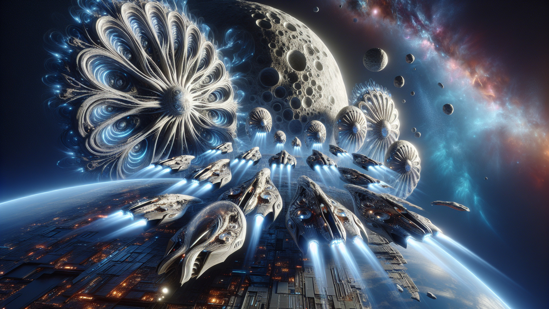 Futuristic Space Scene with Advanced Spacecraft and Galaxies