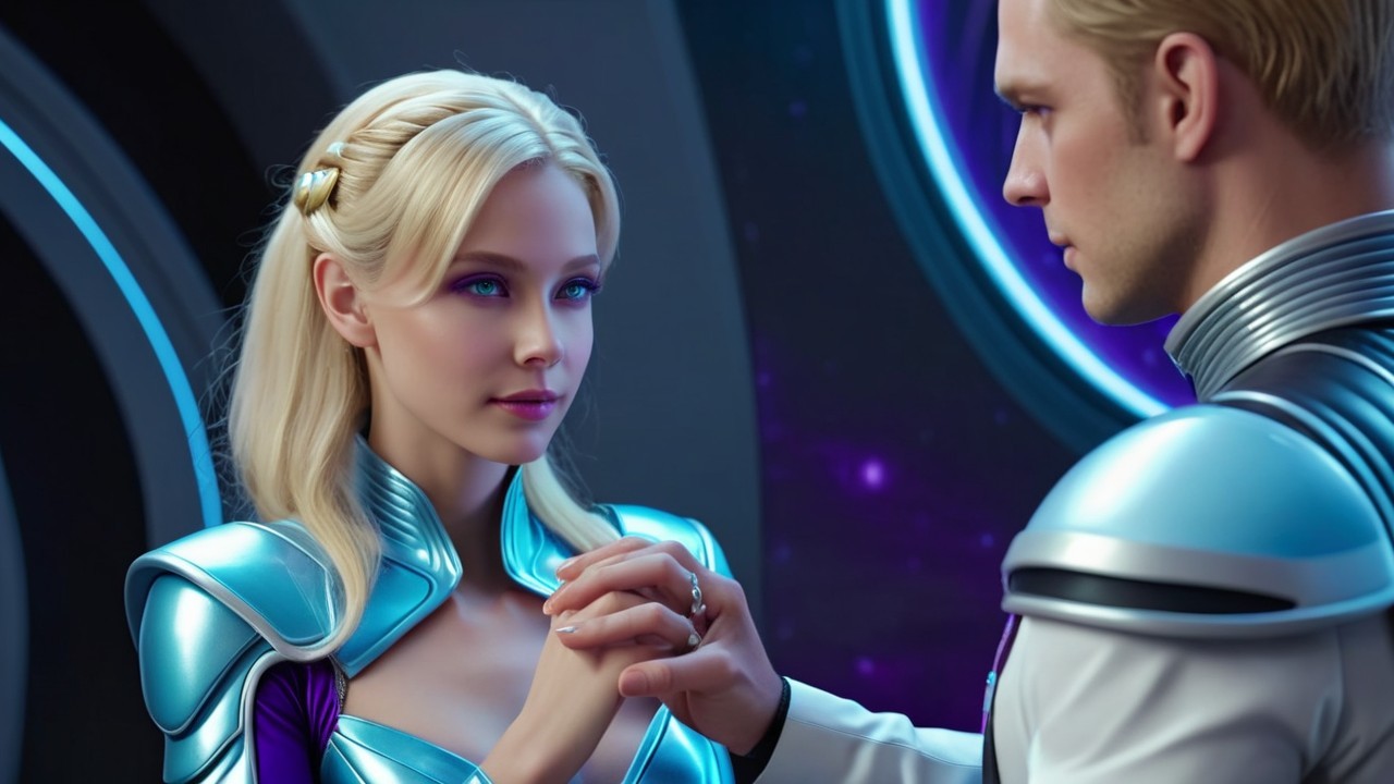 Blonde Woman and Man in Metallic Space Suits Embrace
