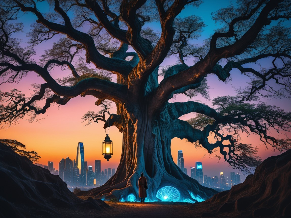 Majestic Tree at Twilight with Urban Skyline Background