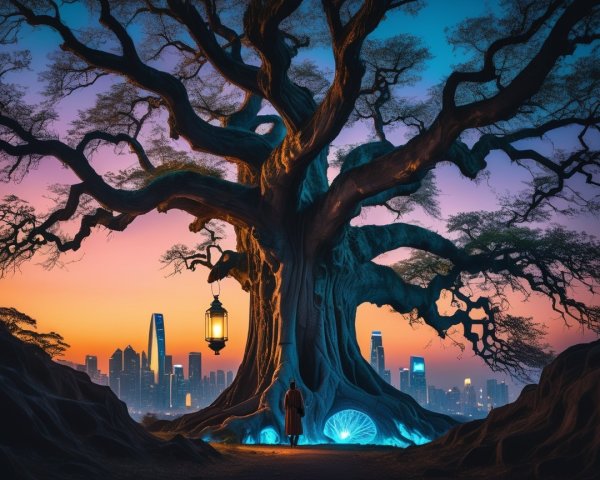 Majestic Tree at Twilight with Urban Skyline Background
