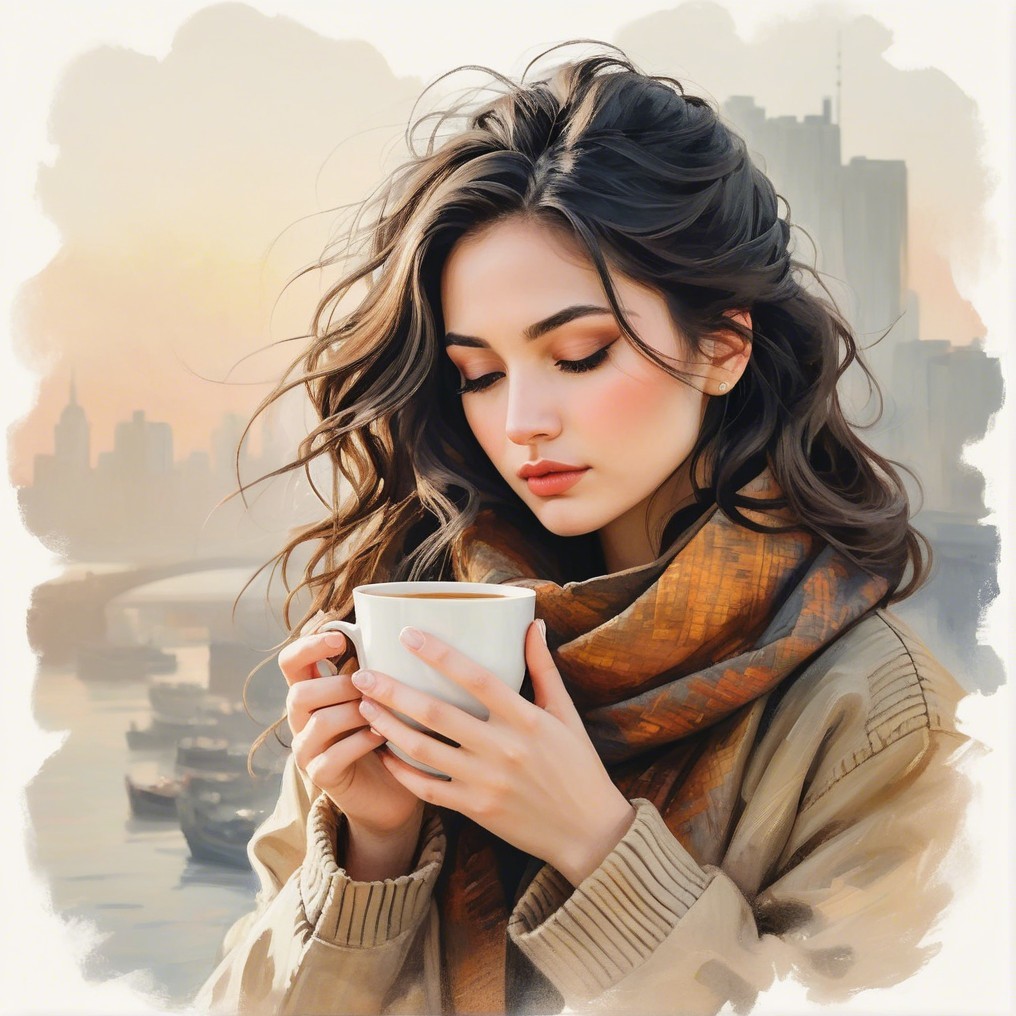 Young woman in oversized jacket with city sunset backdrop