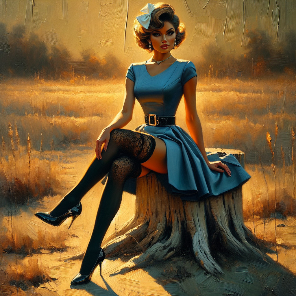 Sophisticated Woman in Light Blue Dress and Dark Sky