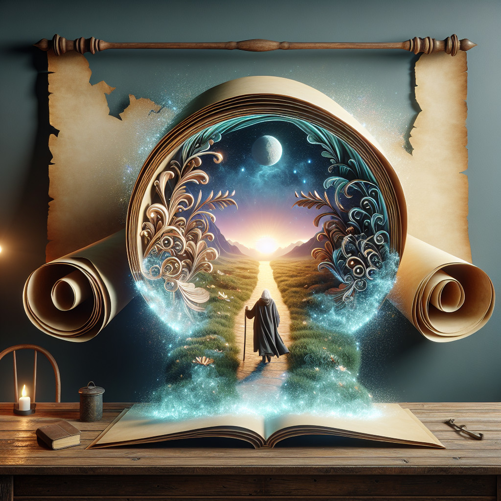 Oversized Book Portal to Vibrant Mystical Landscape